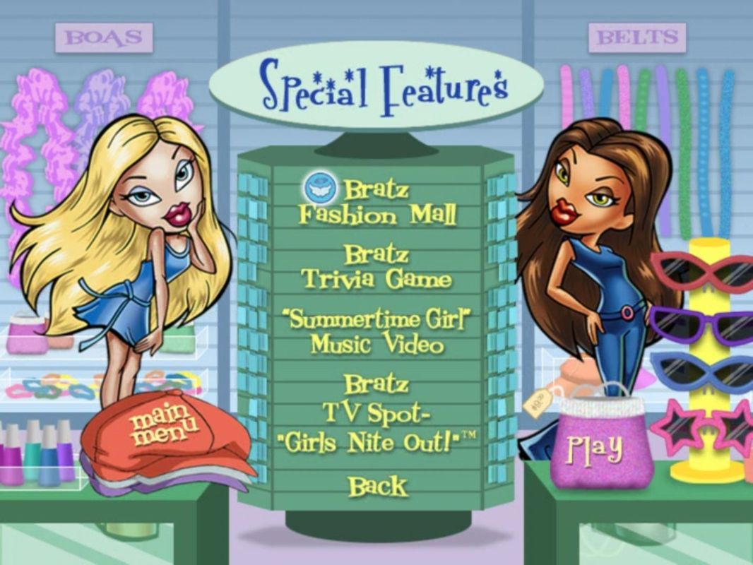 Bratz The Video: Starrin' & Stylin' (Included Games) (DVD Player) screenshot: The second 'Special Features' menu screen. The mini game options here are the Bratz Fashion Mall and the Bratz Trivia Game