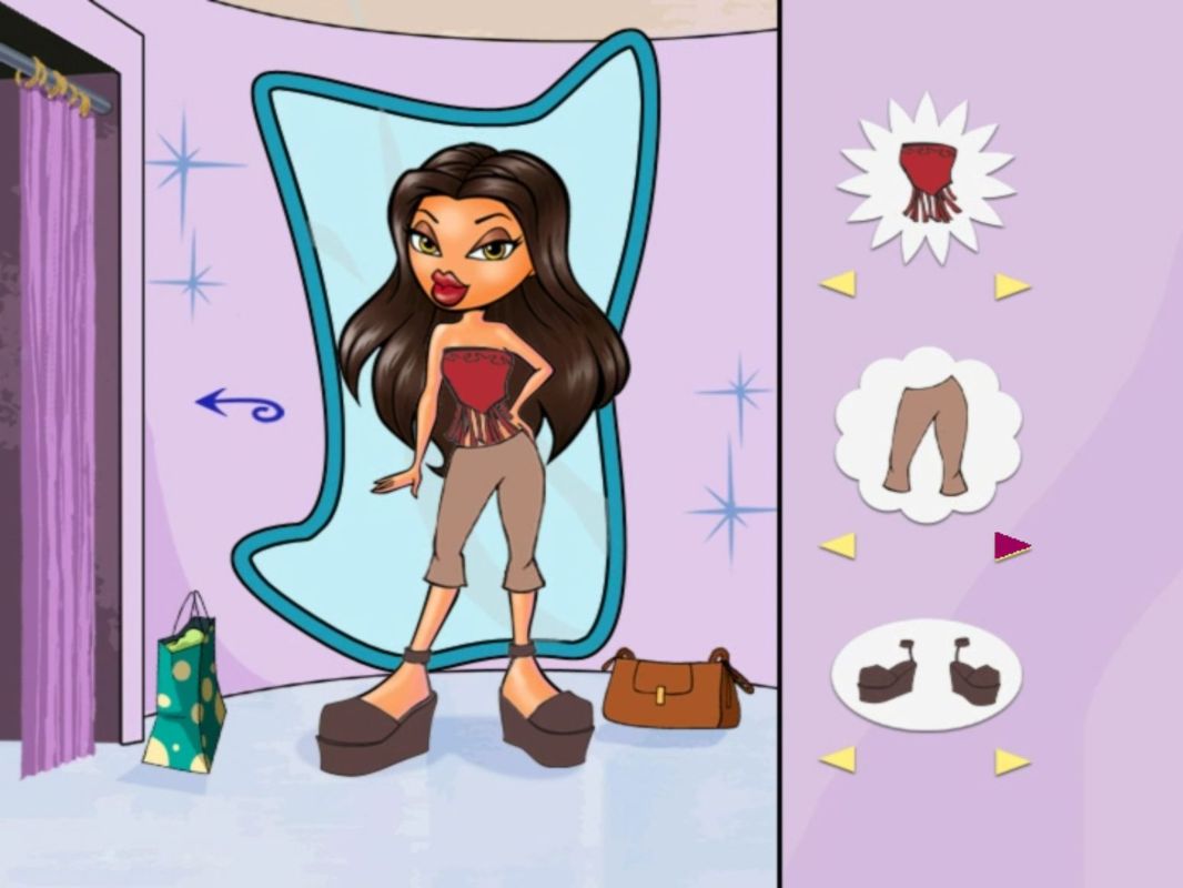 Bratz The Video: Starrin' & Stylin' (Included Games) (DVD Player) screenshot: Here Sasha has been selected and her clothes have been changed. These changes are NOT saved so returning to this mini-game's menu restores her to the default clothing