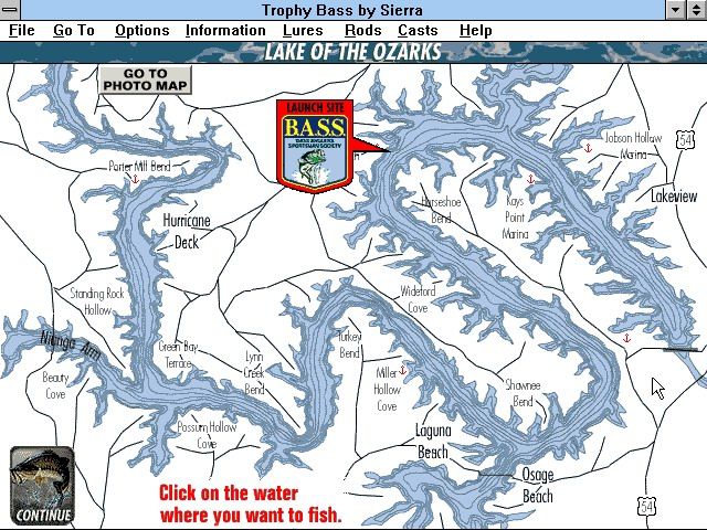 Trophy Bass (Windows 3.x) screenshot: Lake of the Ozarks map