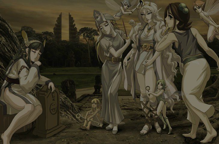 Rose & Camellia & La-Mulana (Browser) screenshot: The final background for the credits show all the game participants except maybe the final opponent