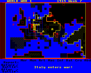 World War I (BBC Micro) screenshot: Italy enters the war as naval fleets engage in combat.