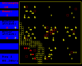 World War I (BBC Micro) screenshot: Each tactical battle has a different layout. Here the Central Powers drastically outnumber the Entente Powers.
