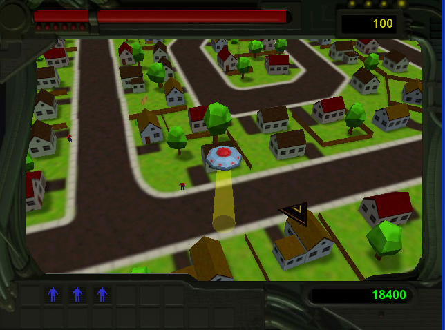 Alien Abduction (Browser) screenshot: A wild enemy appears (black-yellow triangle-alike ship)