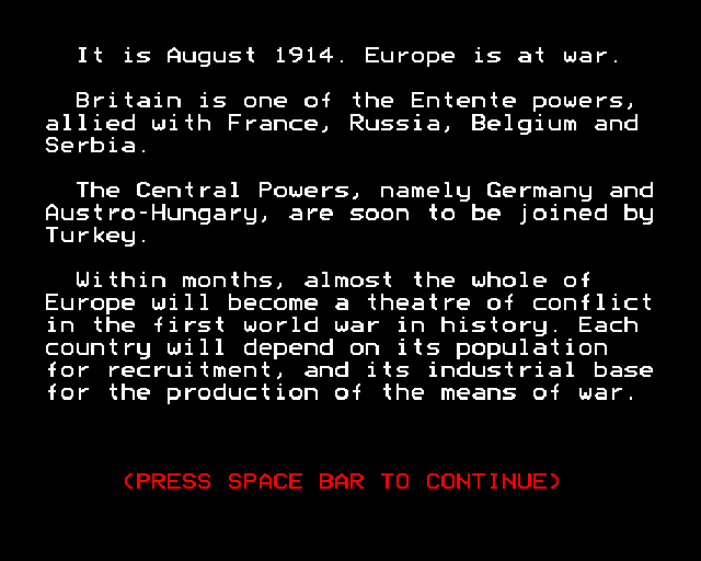 World War I (BBC Micro) screenshot: Introduction.
