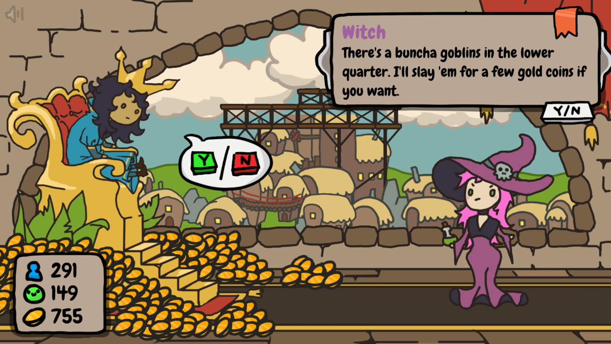 Sort the Court! (Windows) screenshot: Pay the witch to get rid of your little goblin problem...