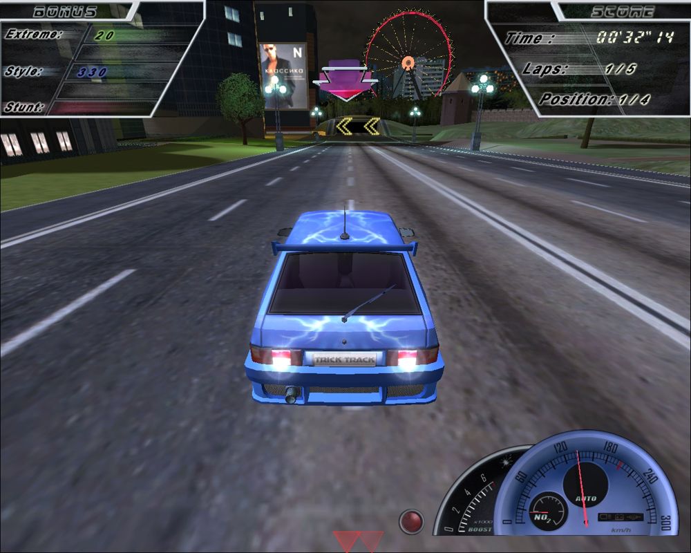 Trick Track (Windows) screenshot: Nighttime race towards a Ferris wheel and an ad in Russian