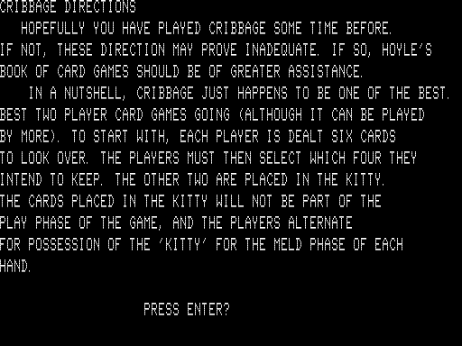 Cribbage (TRS-80) screenshot: Instructions
