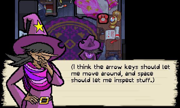 Star Seeker in the Secret of the Sorcerous Standoff (Windows) screenshot: This is the demo version. Before Star seeker can go out on a case she must find some stuff in her apartment and to do that she must move around<br><br>Demo version