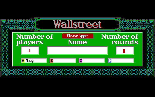 Wall$treet (DOS) screenshot: Game setup screen.