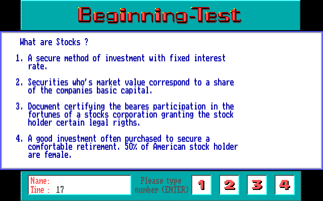 Wall$treet (DOS) screenshot: You can test your knowledge of stock trading and other market investments.