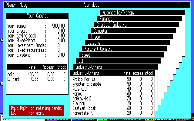 Wall$treet (DOS) screenshot: Your depot screen