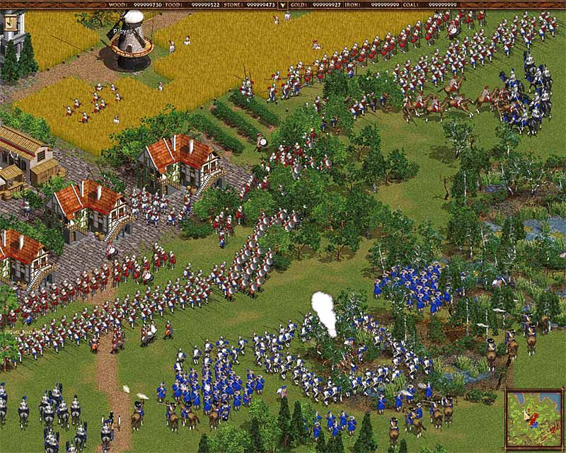 Cossacks: European Wars (Windows) screenshot: Austrian troops defend their little town against attacking Dutch troops.
