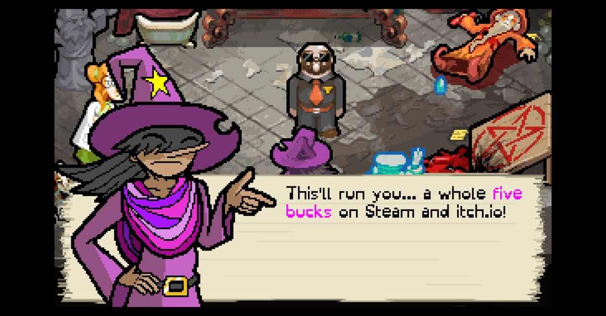 Star Seeker in the Secret of the Sorcerous Standoff (Windows) screenshot: Star Seeker arrives at the crime scene and the demo ends. The big guy in the centre is her boss / parole officer.<br><br>Demo version