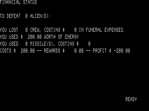 Space Battle (TRS-80) screenshot: Financial Status