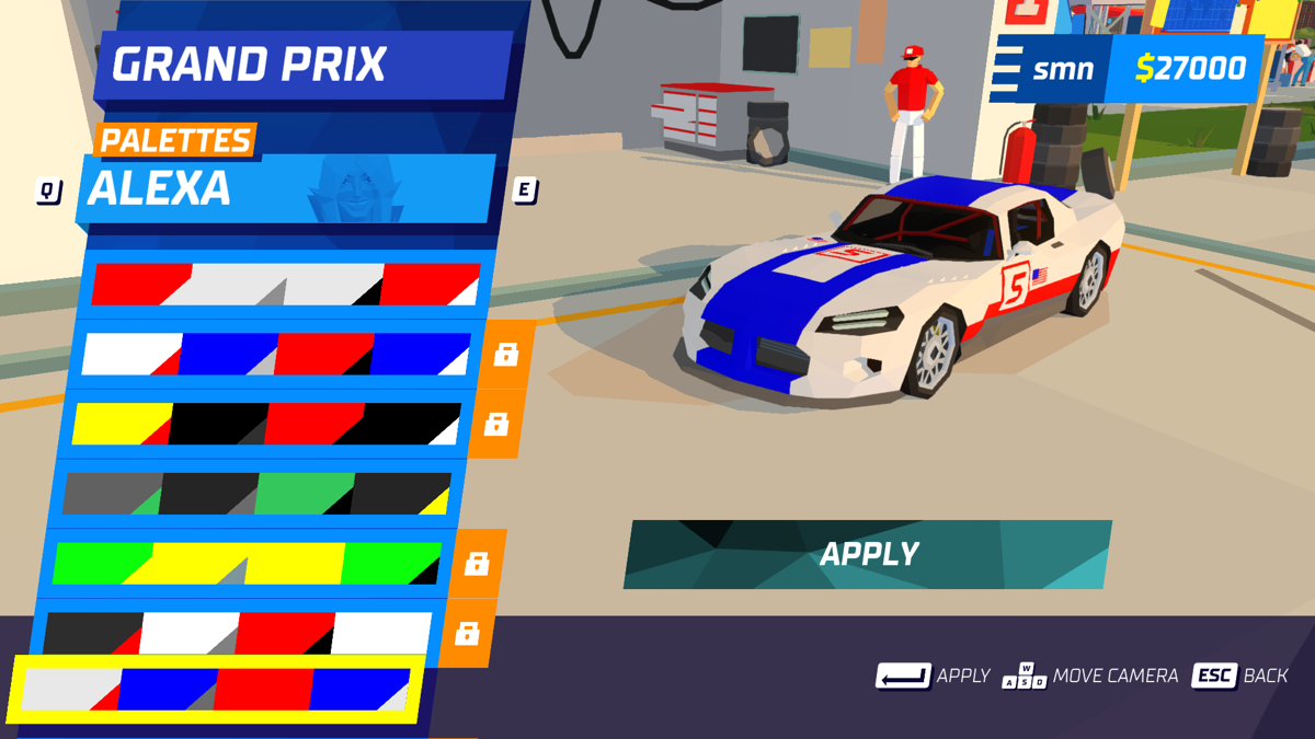 Hotshot Racing (Windows) screenshot: Use the in-game currency and completing challenges to unlock additional palettes.