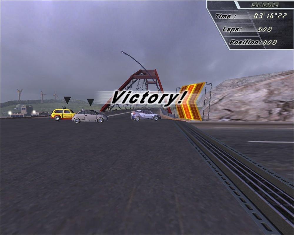 Trick Track (Windows) screenshot: Won the race. Even on maximum detail, cars have no shadows.