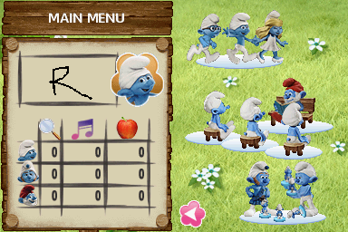 The Smurfs (Nintendo DS) screenshot: Main Menu (Mini-Games, Picture Book, and Smurf Collection)