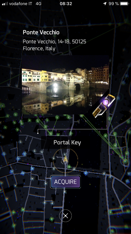 Ingress Prime (iPhone) screenshot: Picking up a portal key. When a link is destroyed, there's a chance of a portal key drop.