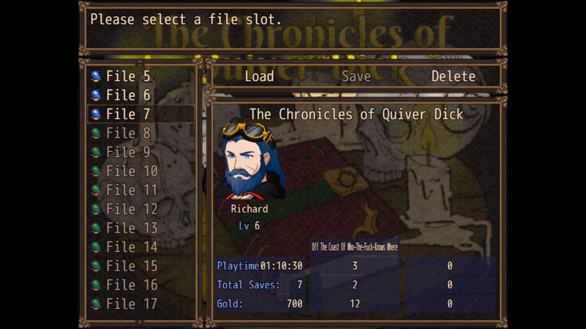 The Chronicles of Quiver Dick (Windows) screenshot: The Save/Load screen