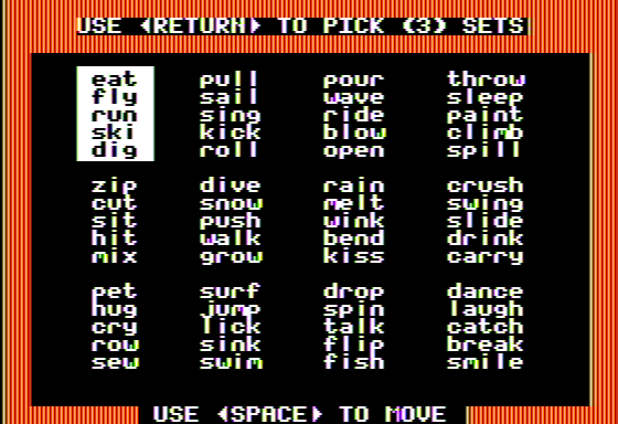 Race the Clock (Apple II) screenshot: Choosing Verbs