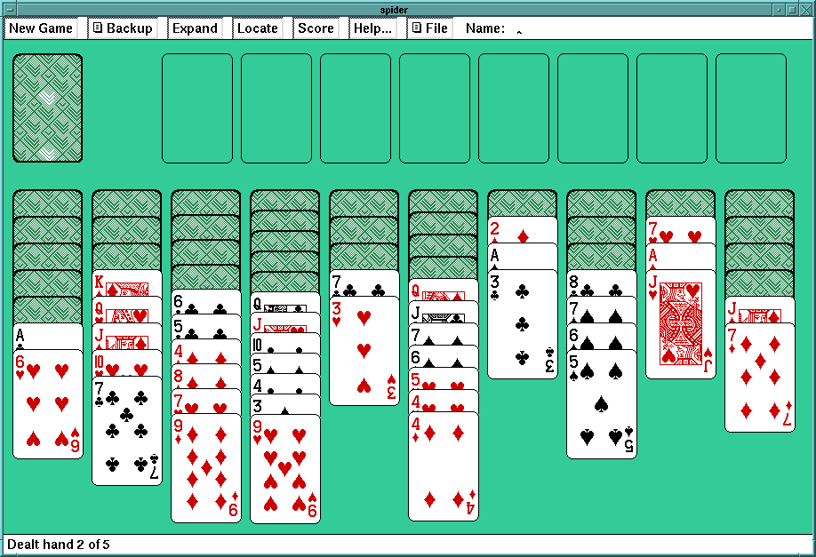 Spider (Linux) screenshot: Playing a bit more with several more rows of cards added to play