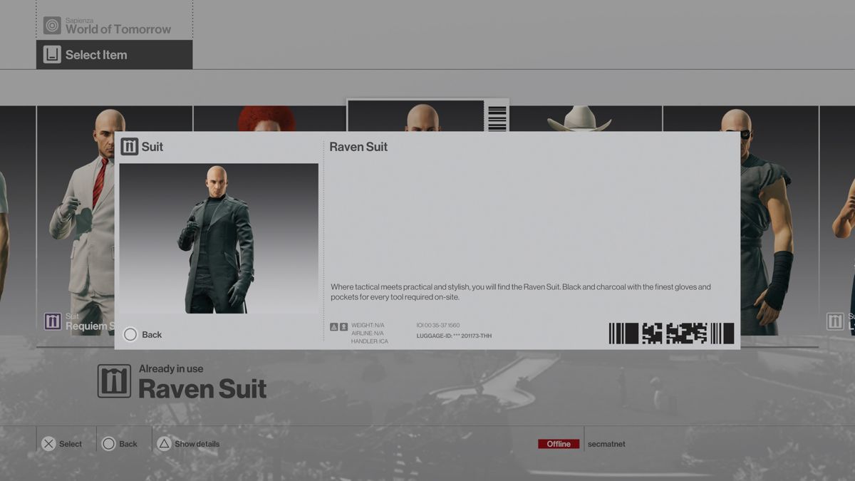 Hitman: Game of the Year Edition (PlayStation 4) screenshot: GOTY Outfit Bundle: Raven suit info