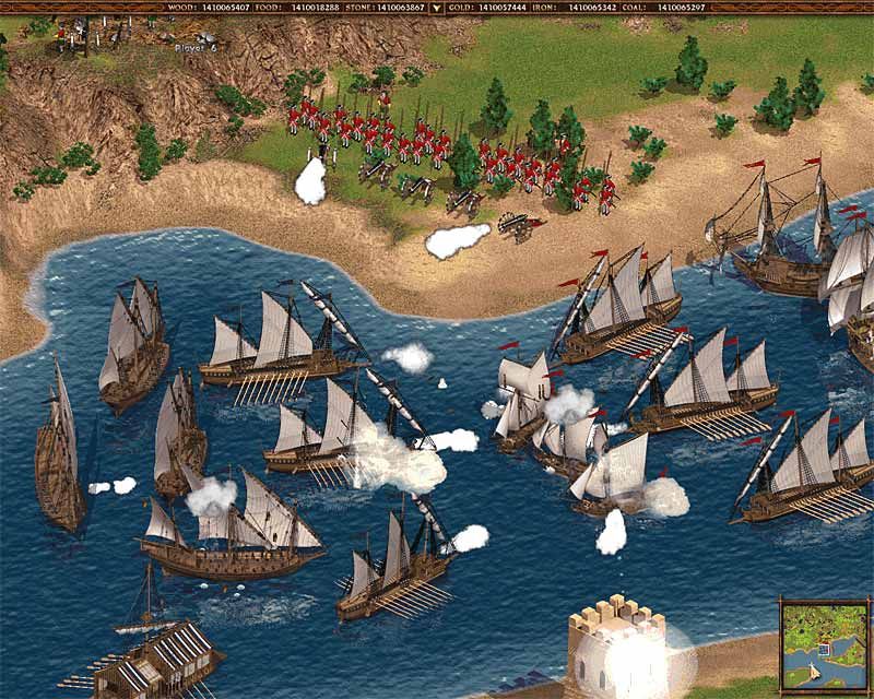 Cossacks: European Wars (Windows) screenshot: English navy and land troops are fighting back the attack of Turkish vessels.