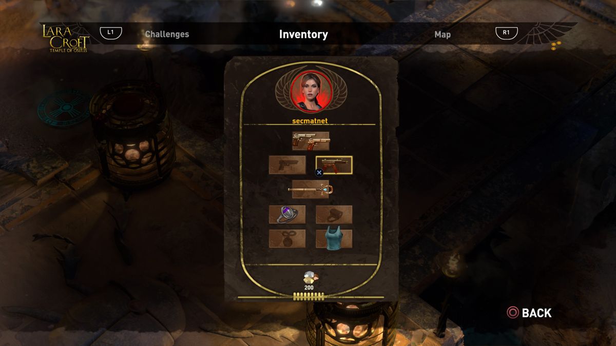 Lara Croft and the Temple of Osiris (PlayStation 4) screenshot: Inventory
