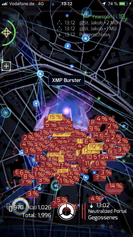 Ingress Prime (iPhone) screenshot: Enemy resonators being damaged by one of my XMP bursters.