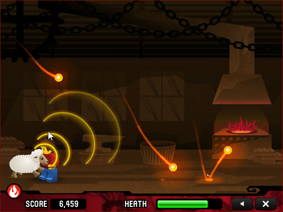 LEGO Four Paths (Browser) screenshot: A sheep deflects a fireball in <i>Fire Dash</i>.