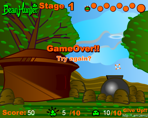Bean Hunter (Browser) screenshot: Game over - too many bug missed