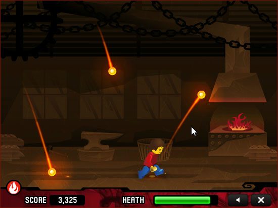 LEGO Four Paths (Browser) screenshot: Dodging fireballs in <i>Fire Dash</i>.