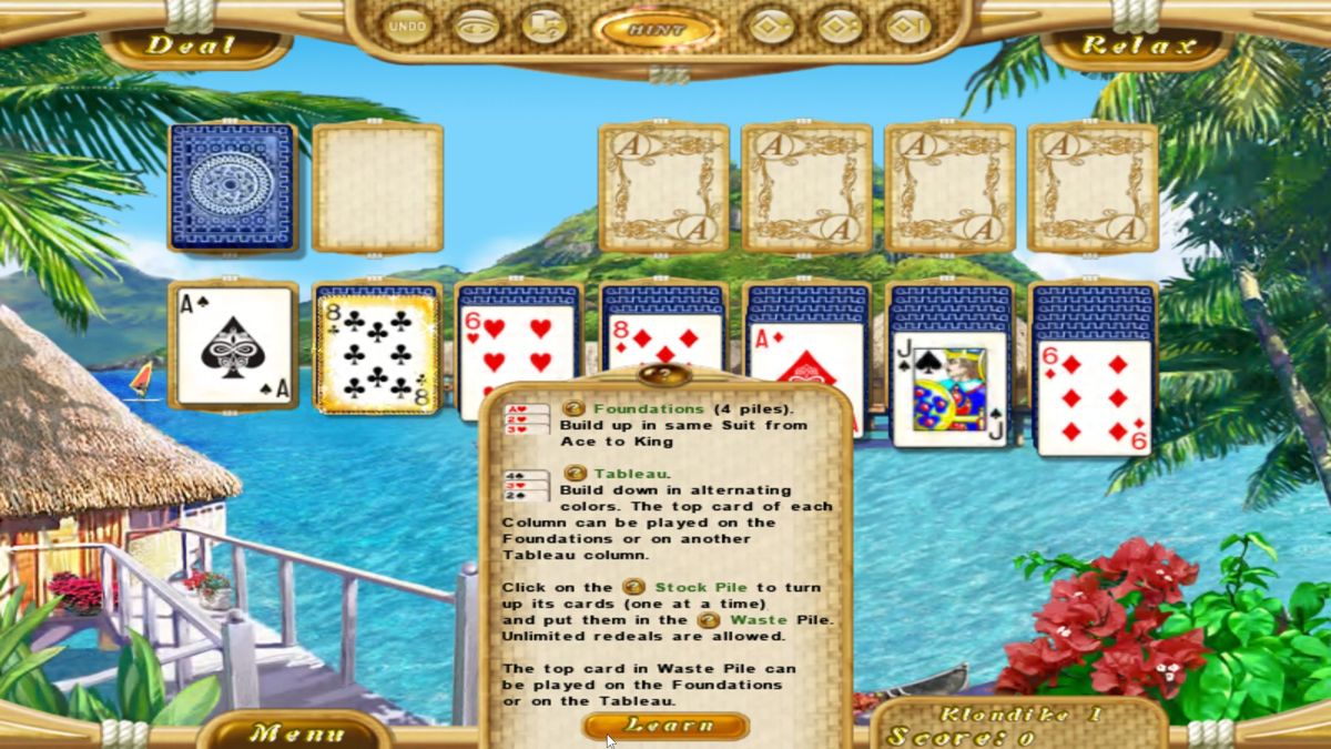Dream Vacation Solitaire (Windows) screenshot: The rules are shown at the start of each game. There's even a 'Learn' button which plays the first few moves accompanied by a text explanation