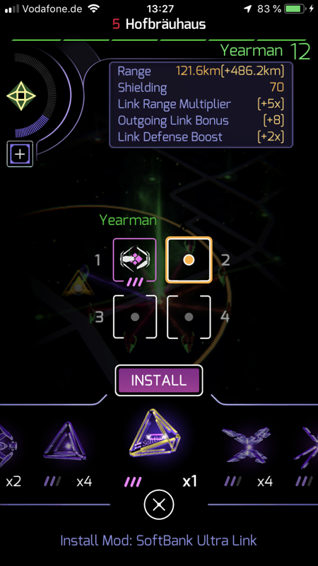 Ingress Prime (iPhone) screenshot: Each portal has four mod slots. Mods will increase defense, shielding, link range and outgoing links.