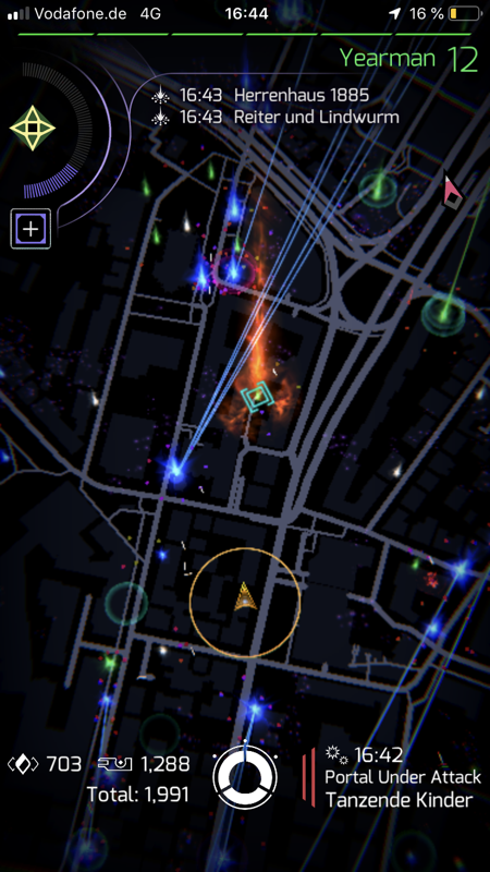 Ingress Prime (iPhone) screenshot: Approaching the target portal during the Hexathlon field test challenge.