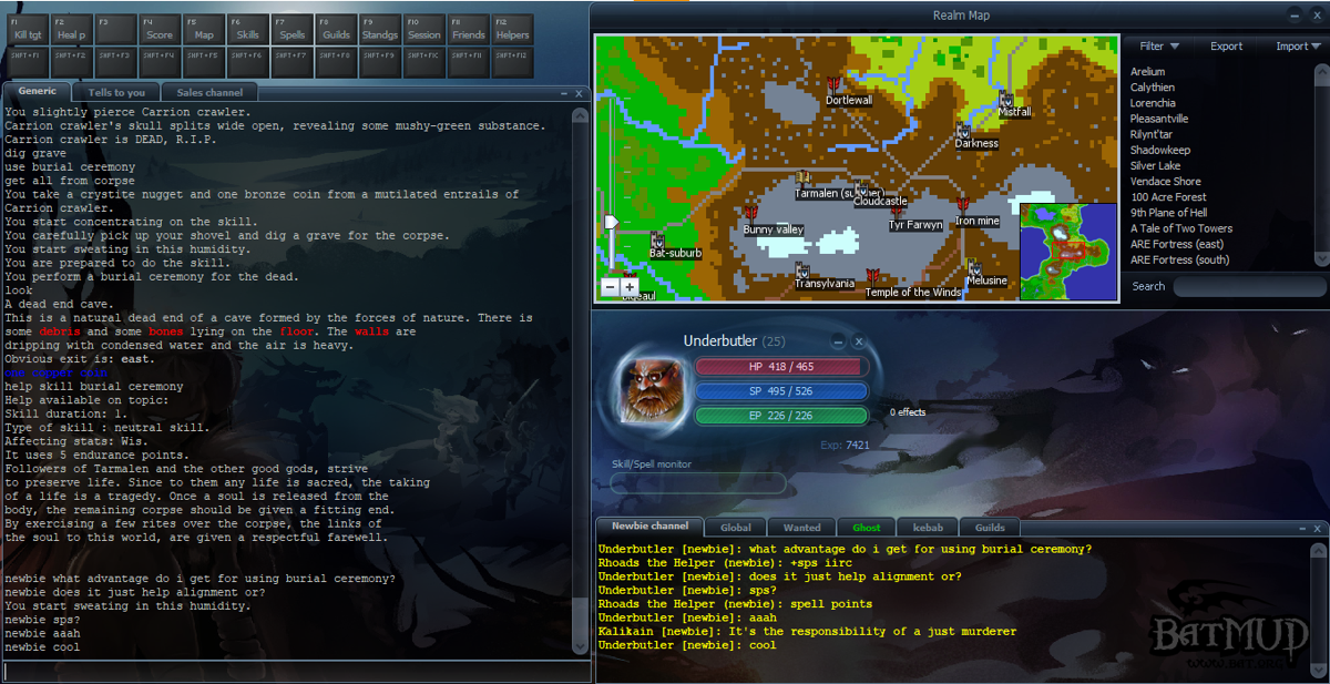 BatMUD (Linux) screenshot: Play screen (talking on newbie channel and fighting creatures)