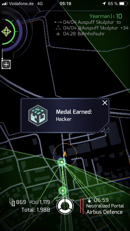 Ingress Prime (iPhone) screenshot: Medal earned: Hacker