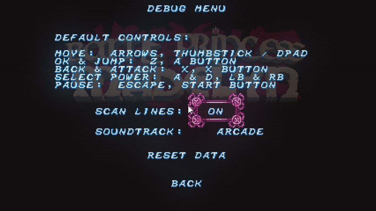 Battle Princess Madelyn (Windows) screenshot: The game's controls are in the Debug Menu<br><br>Steam demo game