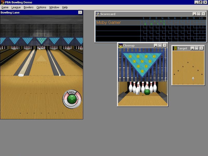 PBA Bowling (Windows) screenshot: Once the ball is released the player animation disappears so that it's trajectory can be observed. (Demo version)