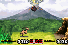 Jurassic Park Institute Tour: Dinosaur Rescue (Game Boy Advance) screenshot: Trying to dodge volcanic rock.