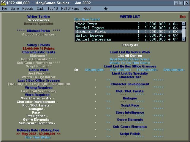 Hollywood Mogul (Windows) screenshot: Now hire a writer to adapt it