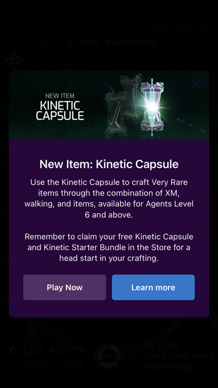 Ingress Prime (iPhone) screenshot: The latest update added the kinetic capsule.