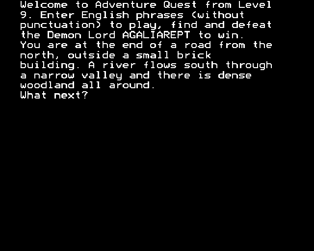 Adventure Quest (BBC Micro) screenshot: Title screen and starting a new game.