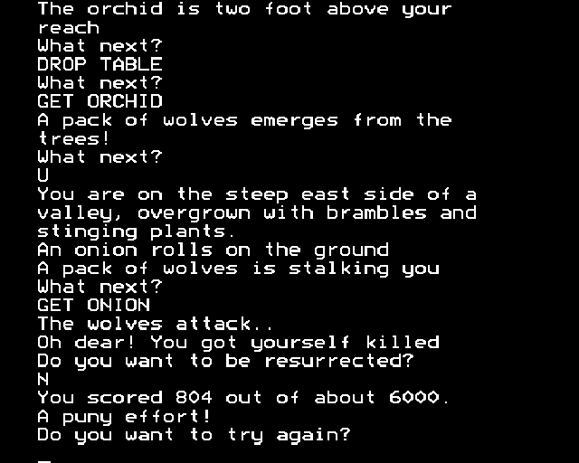 Adventure Quest (BBC Micro) screenshot: Game over thanks to a pack of wolves!