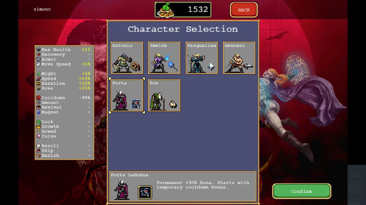 Vampire Survivors (Windows) screenshot: Character selection screen with several additional characters unlocked. (full version)