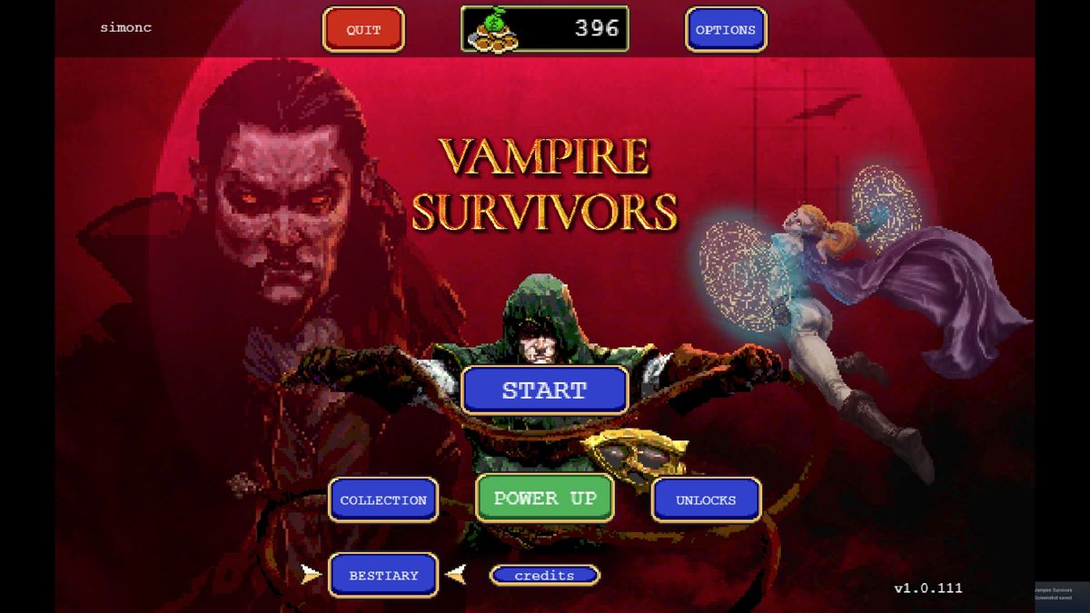 Vampire Survivors (Windows) screenshot: Main menu (full version)