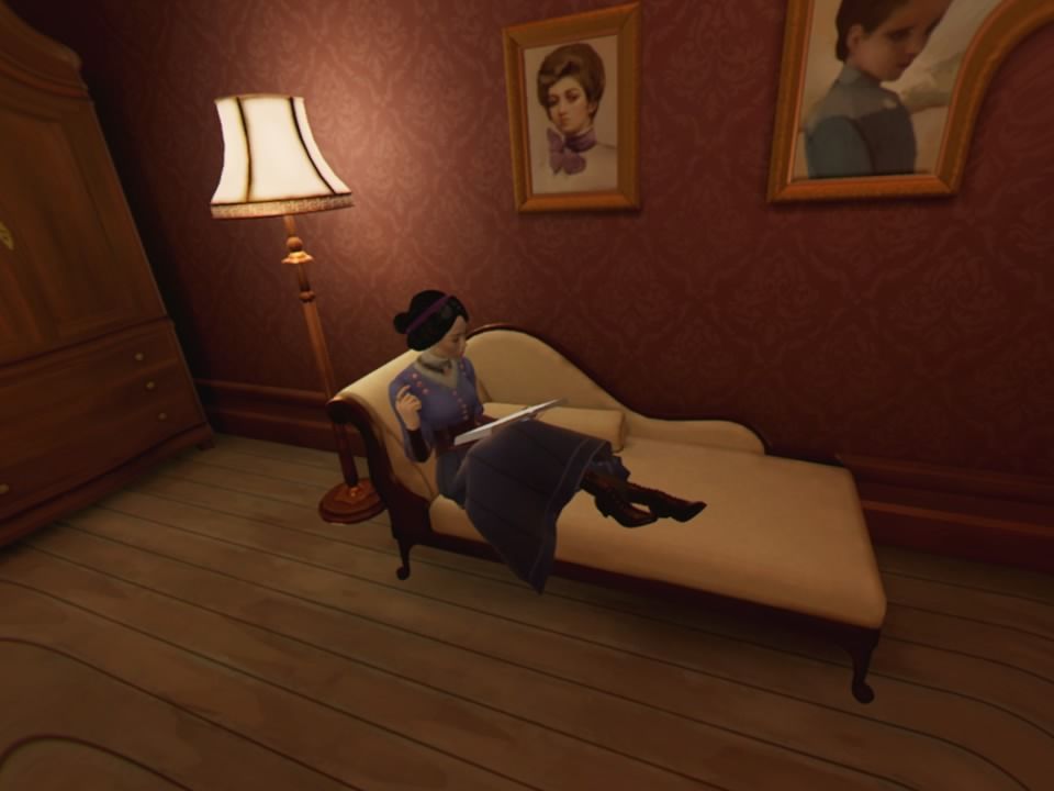 The Invisible Hours (PlayStation 4) screenshot: Bernhardt has an unexpected dreadful secret she is about to reveal (VR mode)