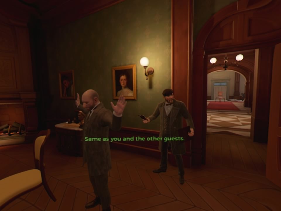 The Invisible Hours (PlayStation 4) screenshot: Mundy is the first suspect detective Gustav has caught trying to escape the crime scene (VR mode)