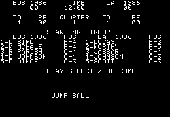 NBA (Apple II) screenshot: Jump Ball