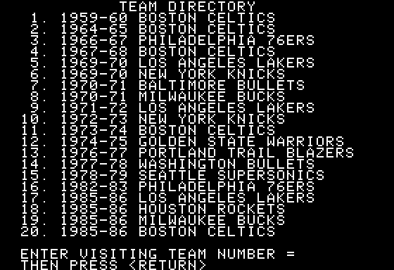 NBA (Apple II) screenshot: Choosing a Team